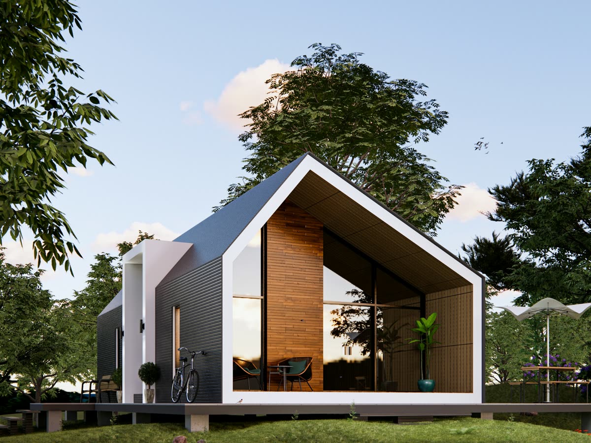 Modelo de casa modular con porche y grandes ventanales